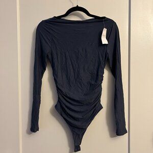 NWT Abercrombie Soft Matte Long-Sleeve Ruched Bodysuit in Navy